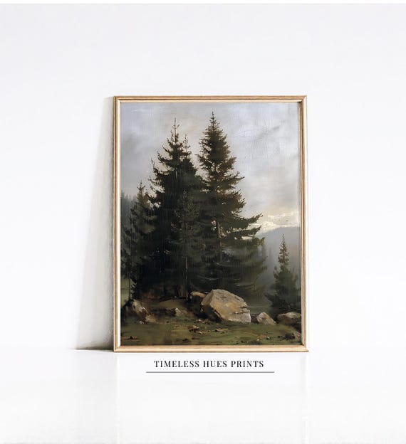 Vintage Pine Forest Tree Painting Rustic Forest Mountain Oil Painting Vintage Print Rustic Home Decor Print Antique Art
