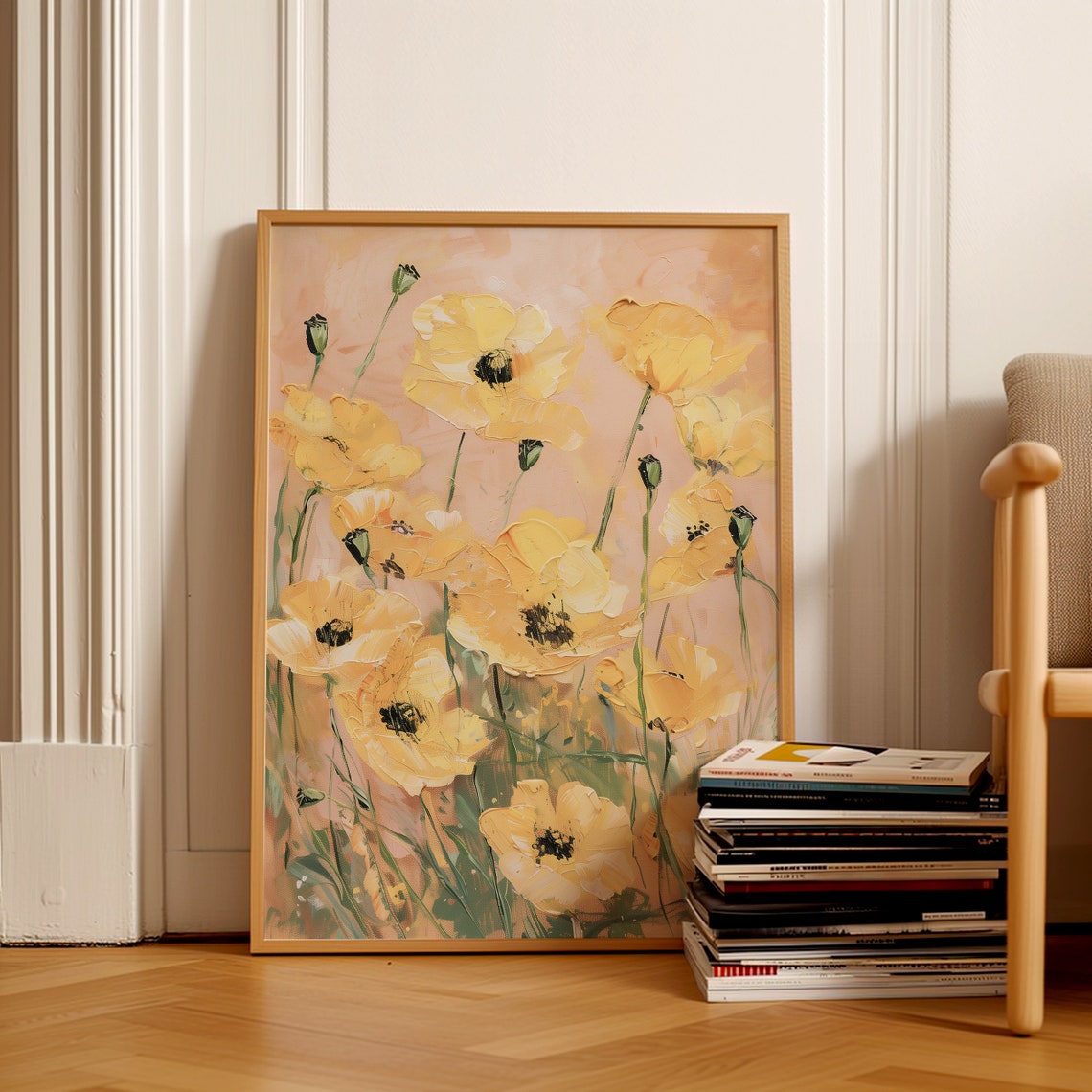 Yellow Poppy Field Impasto Blossoms on Warm Peach Background Poster - Image 2