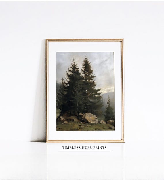 Vintage Evergreen Pine Tree Painting Rustic Forest Mountain Oil Painting Vintage Print Rustic Home Decor Print Antique Art