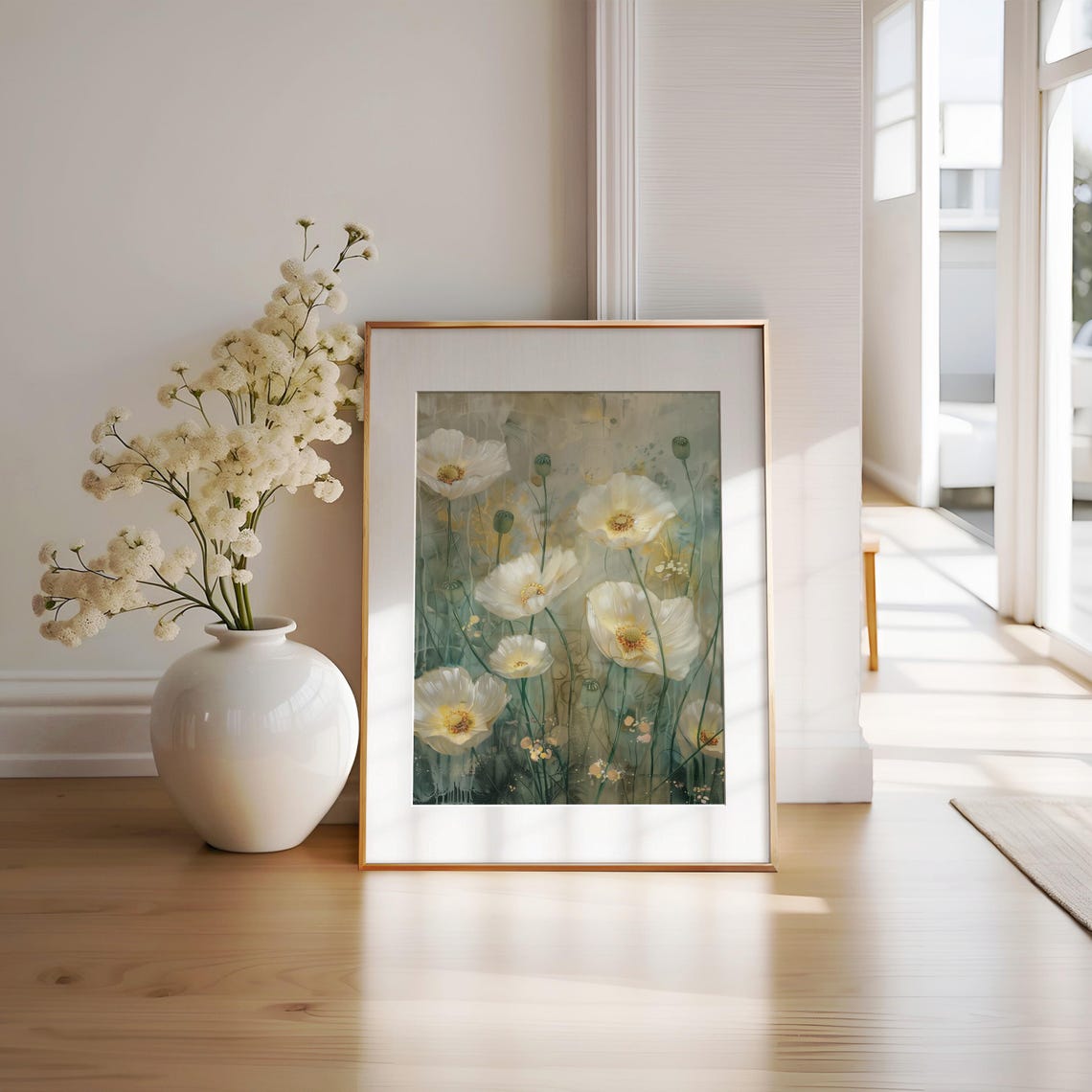 White Poppies Oil Painting Vintage Floral Art Flower Art Poppy Wall Art Botanical Art White Poppy Garden Art - Image 2