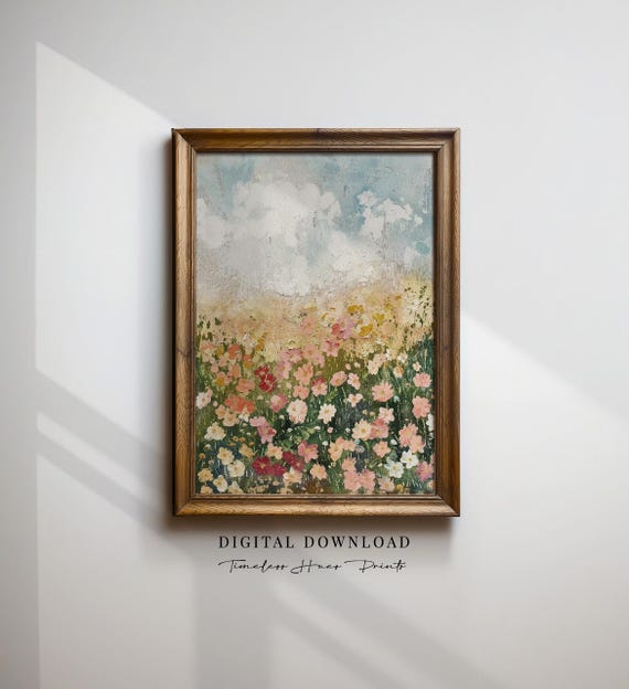Flower Field Painting Floral Wall Art Botanical Country Garden Farmhouse Print Nursery
