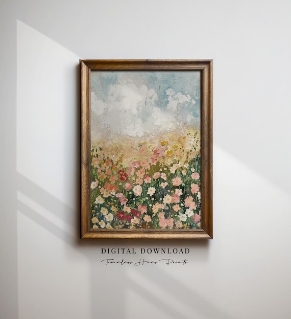 Pastel Wildflower Field Painting Vintage Floral Garden Wall Art