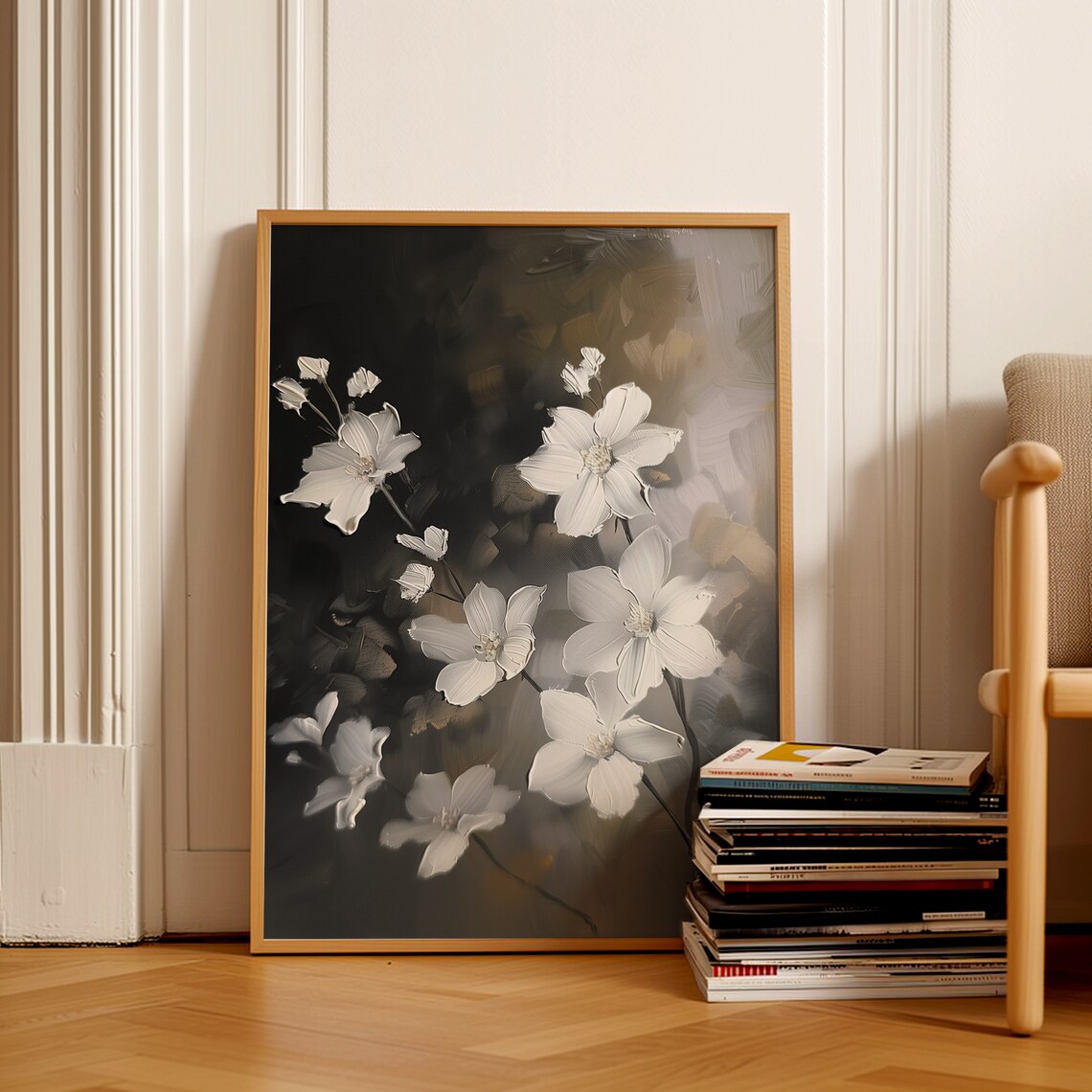 White Dogwood Blossoms Moody Dark Gray Floral Painting Poster - Image 2
