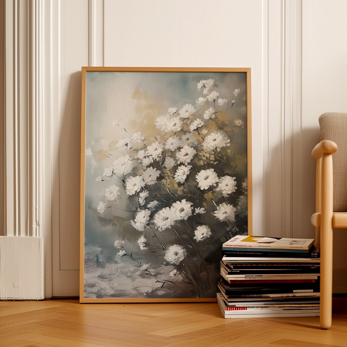 White Blossoms Dreamy Blue Gray Soft Floral Oil Painting Poster - Image 2