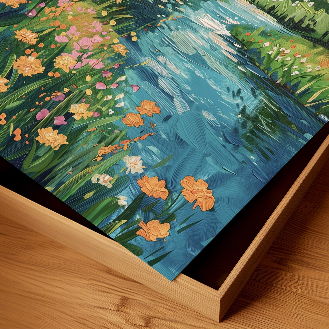 Orange Wildflowers Along Blue River Impressionist Landscape Painting Poster - Image 2