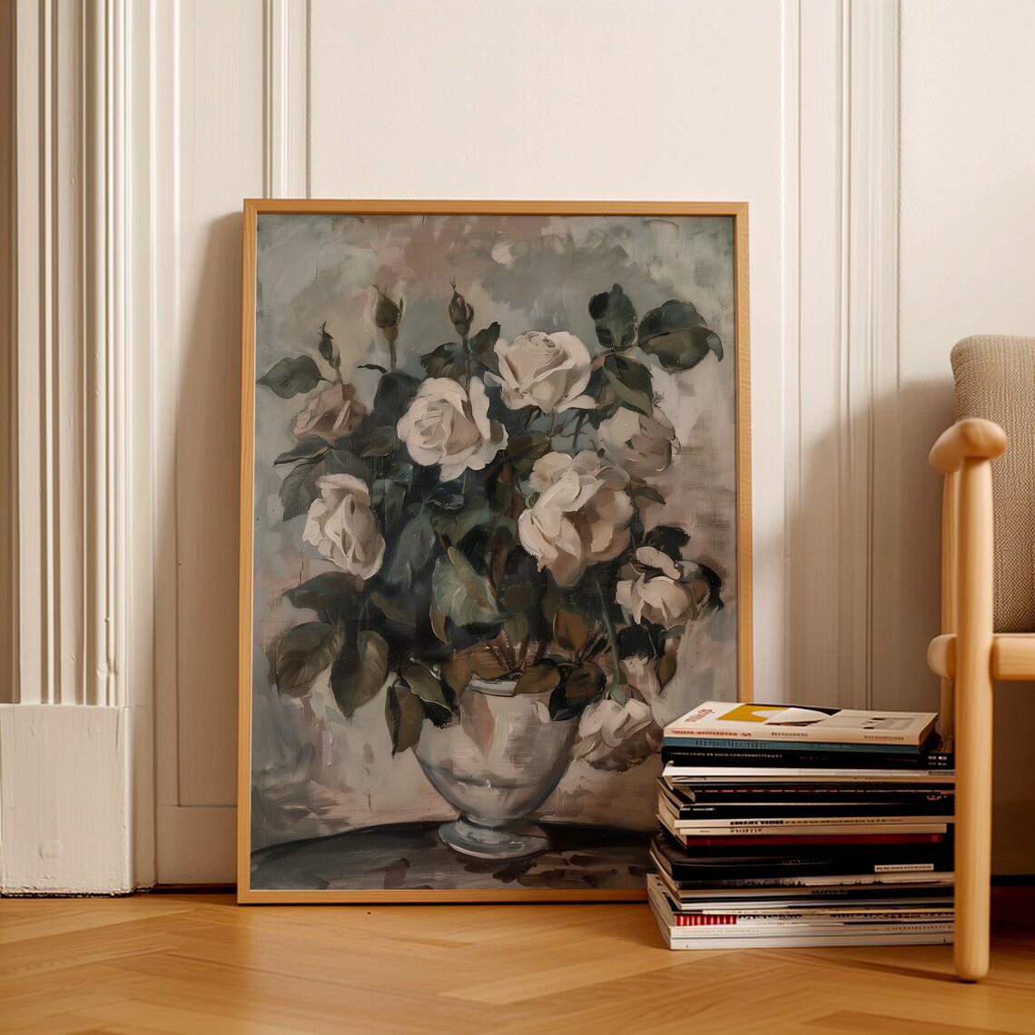White Roses in Vintage Urn Moody Still Life Oil Painting Poster - Image 2