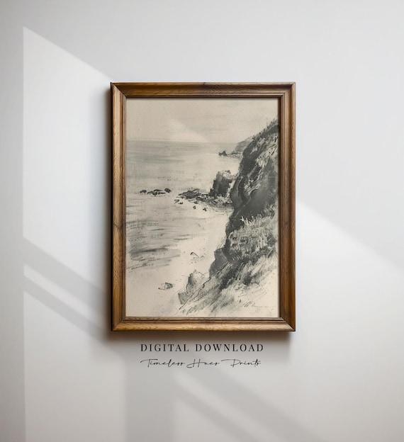 Moody Coastal Sketch Print, Vintage Ocean Art