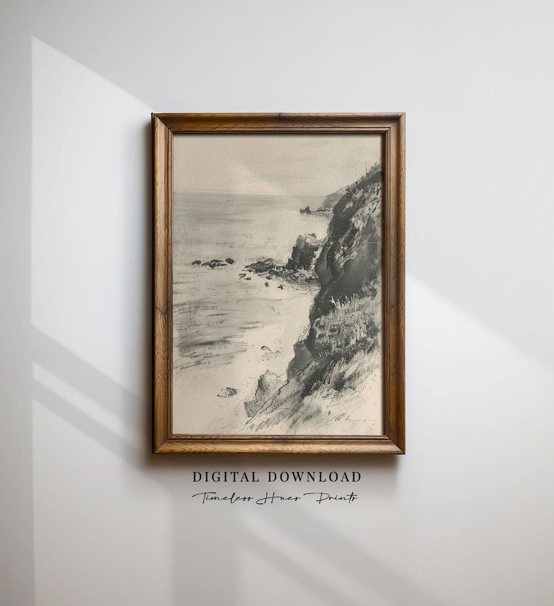 Moody Coastal Cliff Sketch Black and White Seascape Wall Art