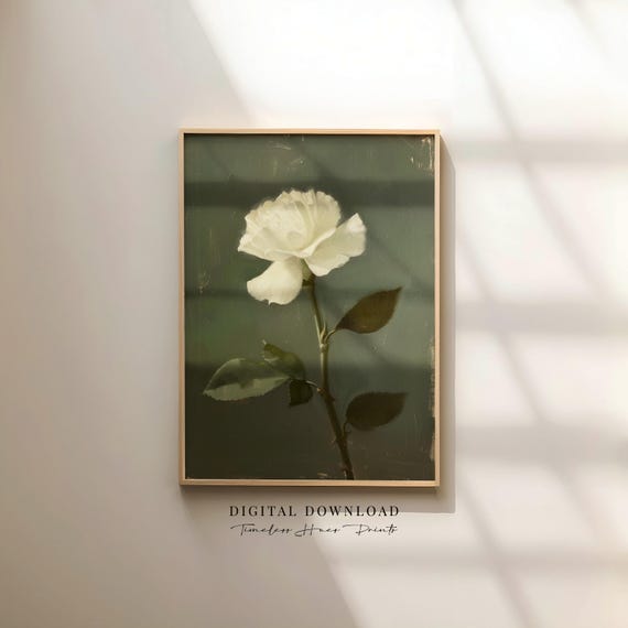 Chiaroscuro Floral Art Moody White Rose Print Dark Oil Painting Vintage Botanical Wall Decor Gothic Still Life Instant