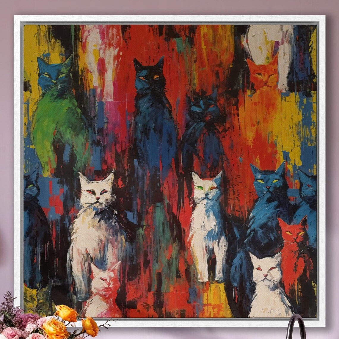 Colorful Pop Art Cats Abstract Graffiti Style Feline Painting Poster