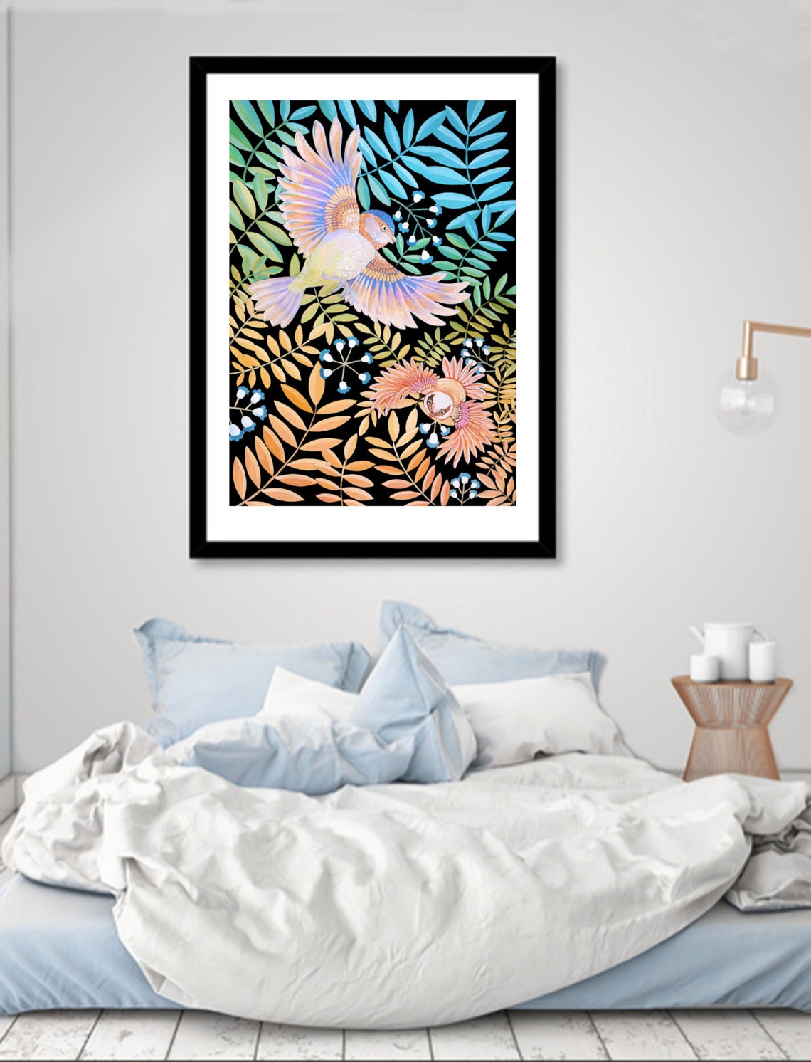 Colorful Tropical Birds In Flight Black Botanical Dramatic Art Poster - Image 3