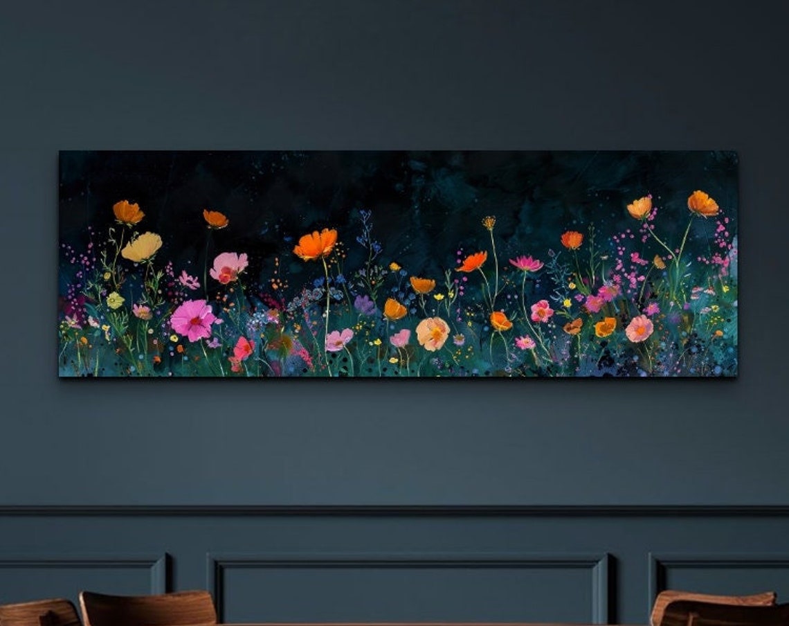 Wildflower Meadow Glowing Against Dark Night Sky Floral Poster