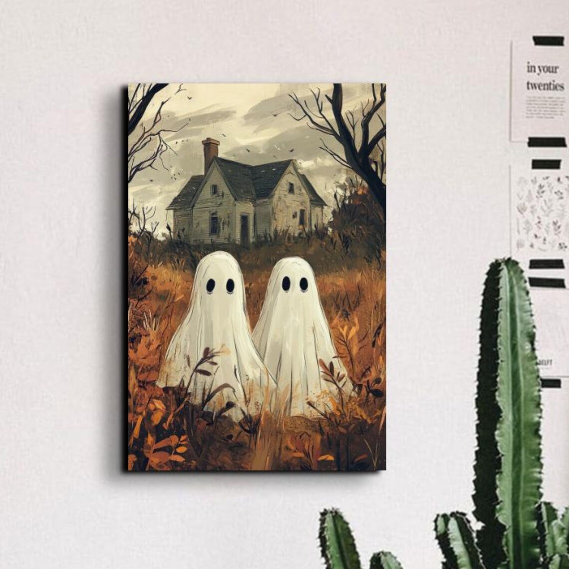 Two Cute Ghost Friends Haunted House Vintage Halloween Poster