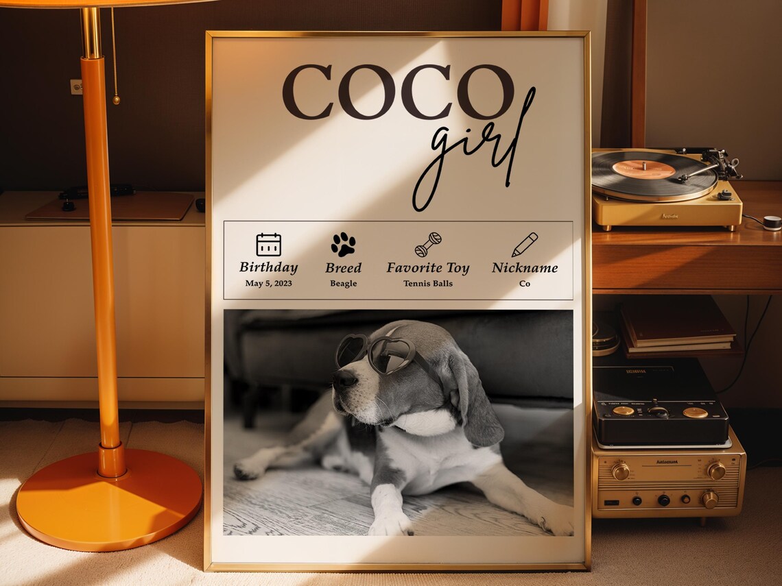 Personalized Beagle Pet Profile Poster, Dog Portrait