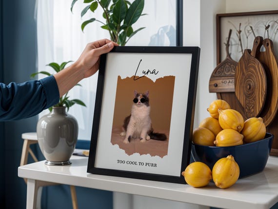 Custom Cool Cat Portrait Poster Funny Personalized Pet Wall Art With Name Unique Gift For Lovers Memorial Print