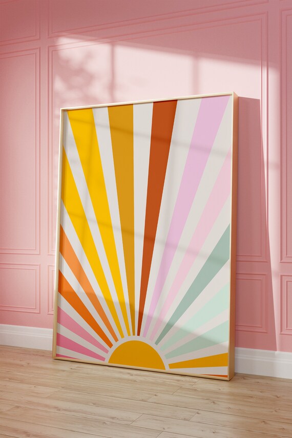 Retro Rainbow Sun Wall Art 70s Art Trendy Colorful Print Nursery Wall Decor Large Dorm Poster