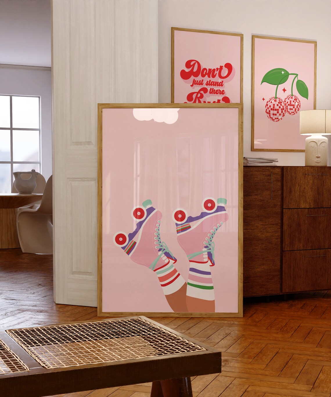 Retro Pink Roller Skates Poster, Preppy Dorm Decor