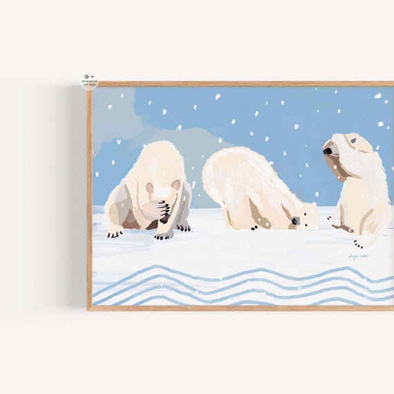 Playful Polar Bear Art Print Arctic Winter Landscape