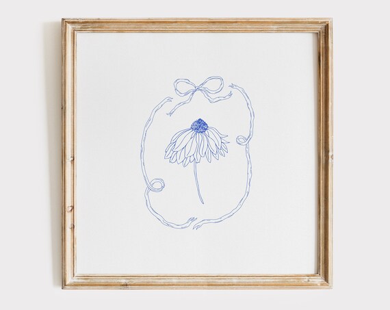 Blue Daisy Line Drawing Ribbon Bow Botanical Illustration Poster
