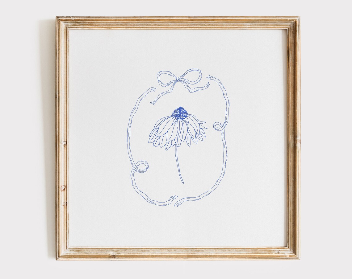 Blue Daisy Line Drawing Ribbon Bow Botanical Illustration Poster