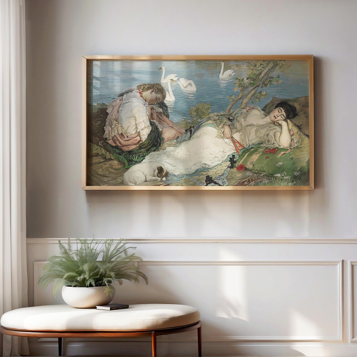 Women Resting By Swan Lake Vintage Romantic Swan Painting Poster - Image 3