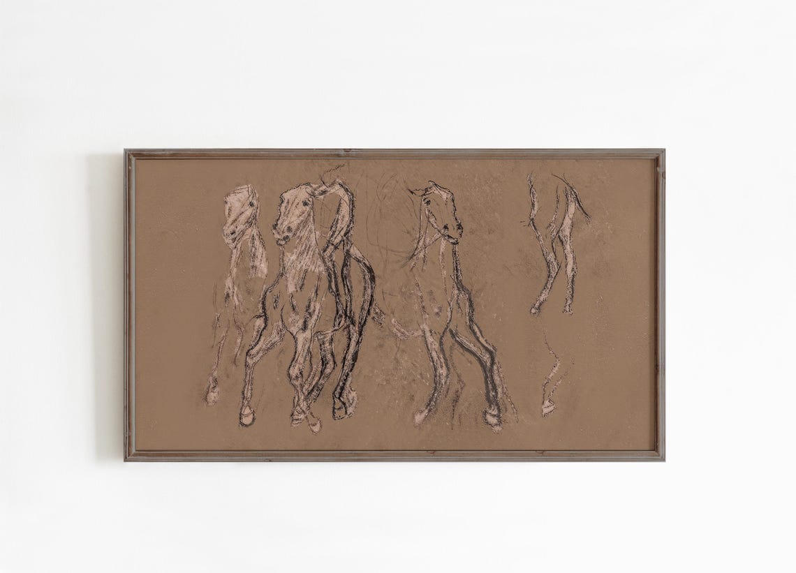 Running Horses Sketch Equestrian Charcoal Drawing Vintage Wall Art