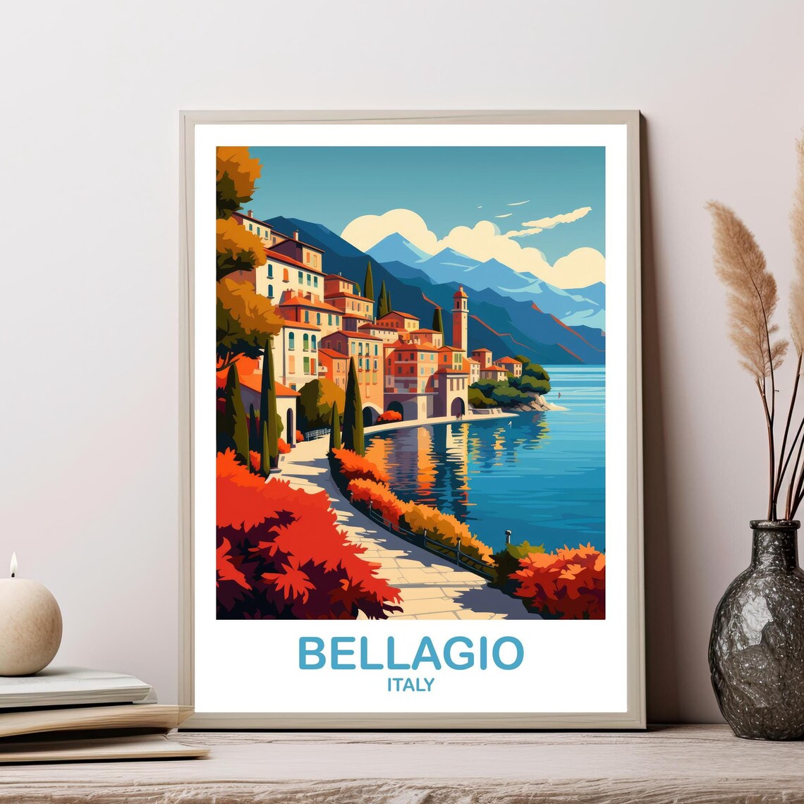 Bellagio Italy Vintage Travel Poster Lake Como Style Seaside Town Art