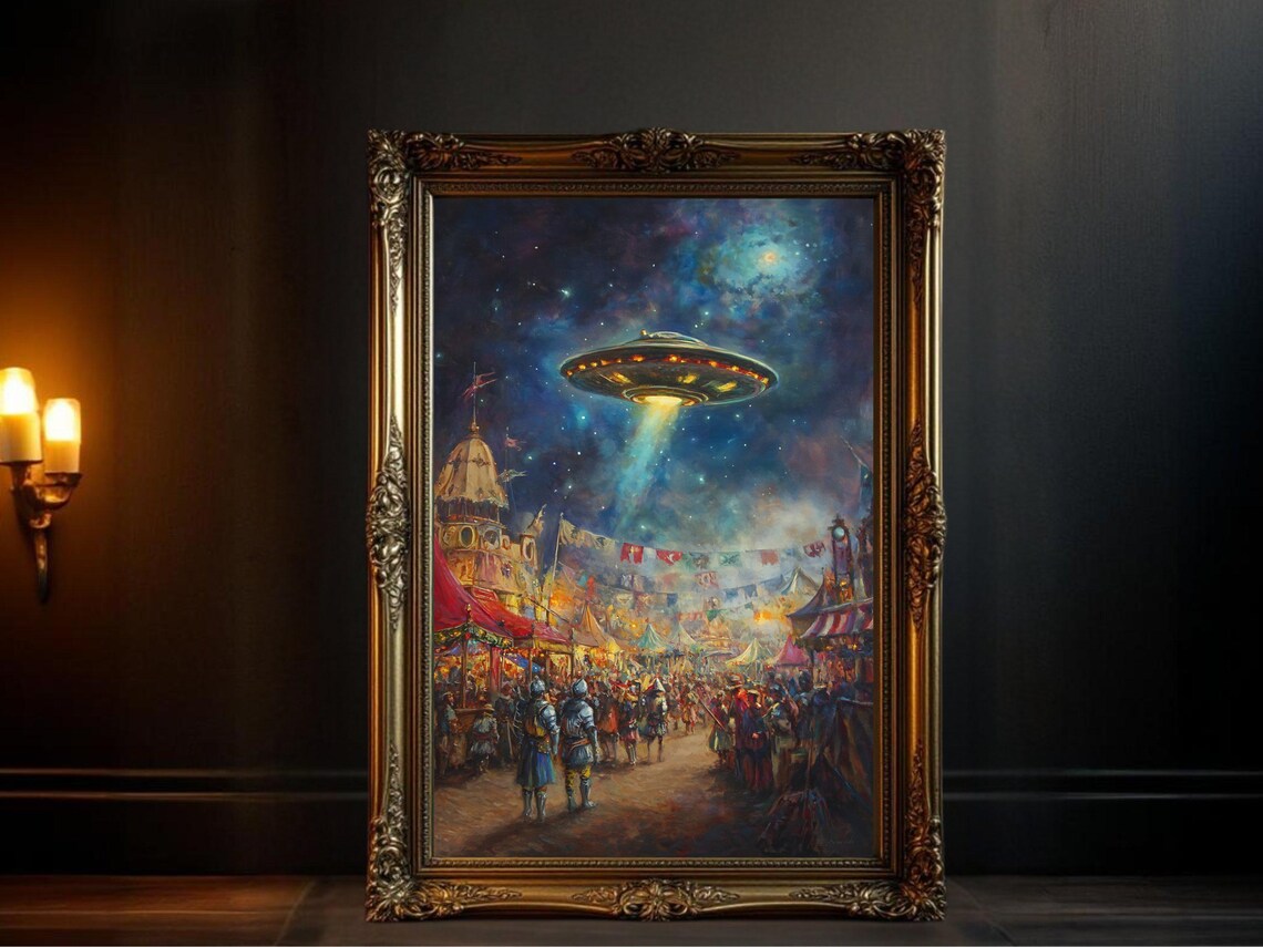 UFO Carnival Fair Night Scene, Fantasy Art Print