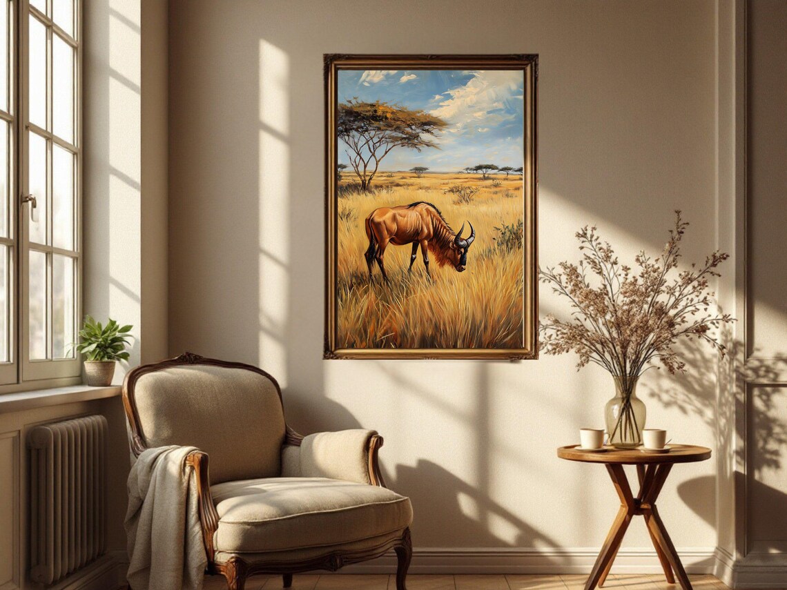 African Savanna Wildlife, Wildebeest Safari Scene Art Print - Image 2
