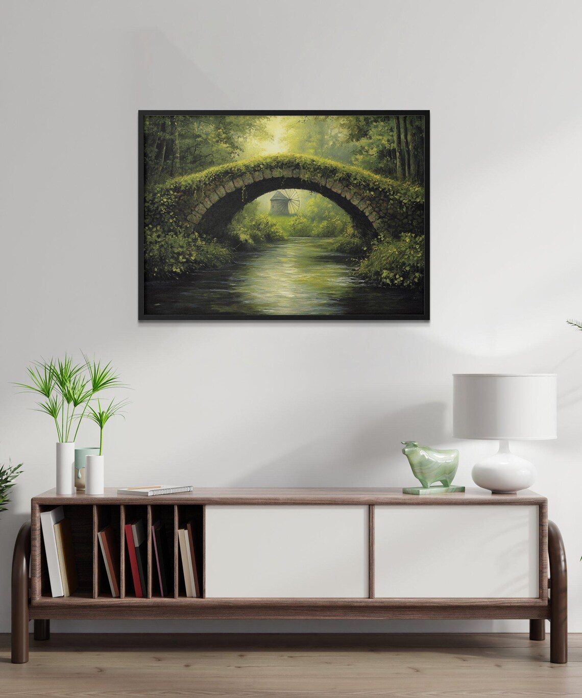 Bridge Over River, Serene Forest Landscape Art - Image 2