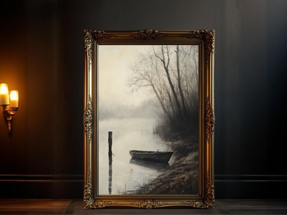 Mystical Forest Lake Vintage Landscape, Rustic Decor