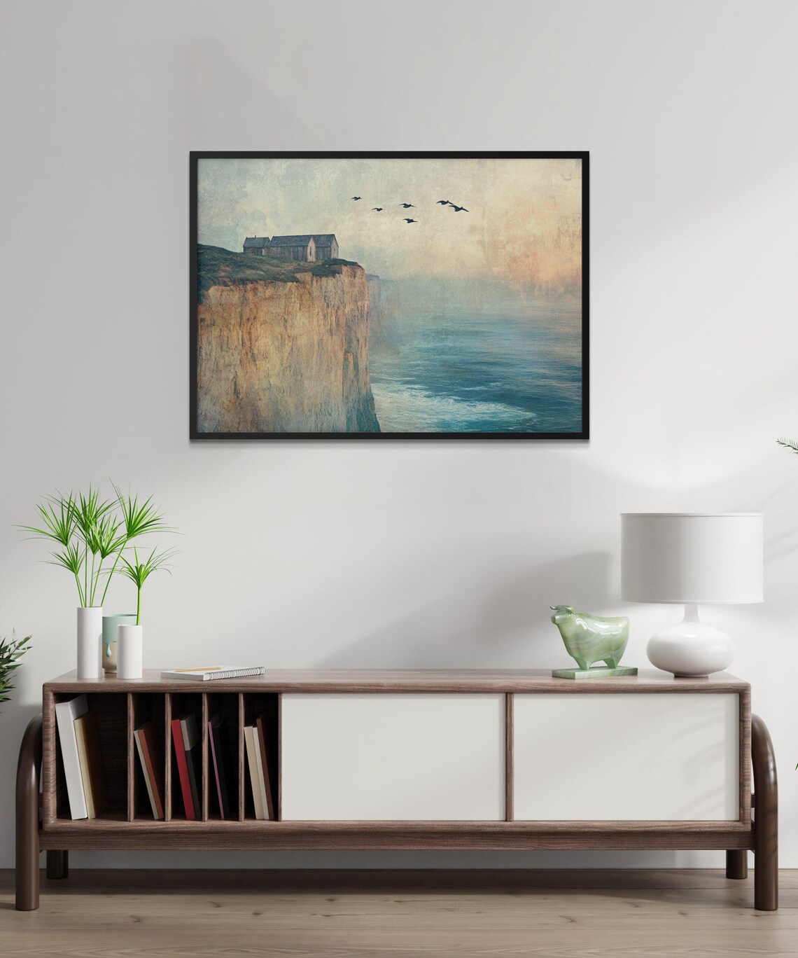 Coastal Cliff House Art Print, Rustic Seaside Decor - Image 2
