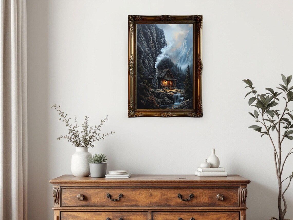 Rustic Mountain Cabin Waterfall Landscape Art Print - Image 3