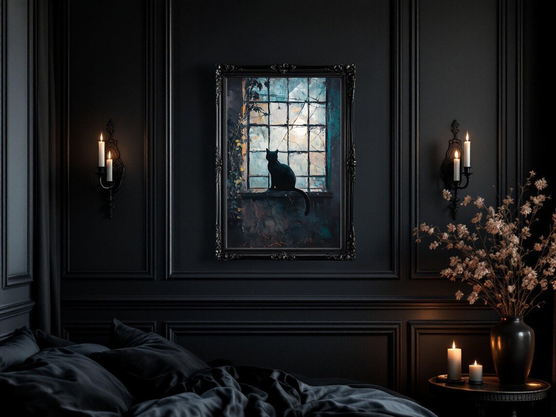 Cat Silhouette In Window, Gothic Halloween Decor - Image 2