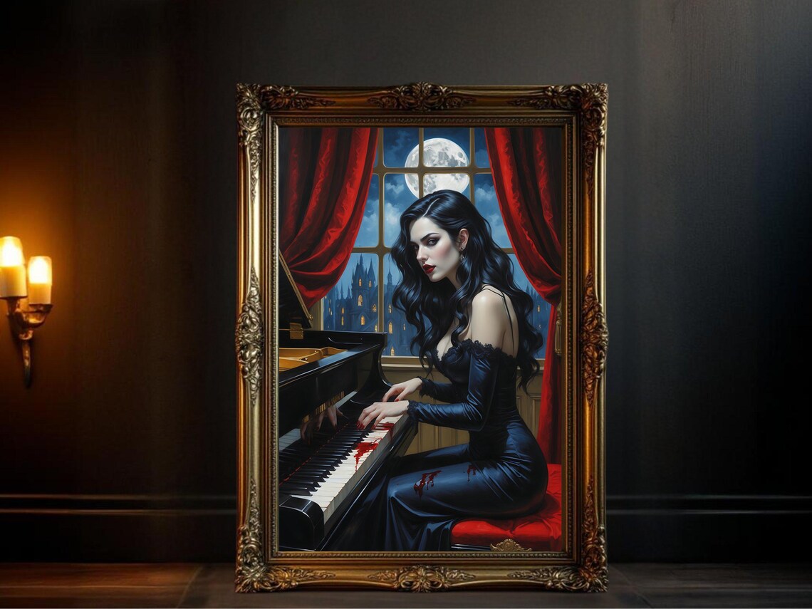 Gothic Woman Playing Piano, Dark Fantasy Artwork