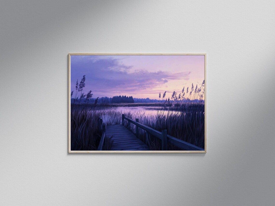 Purple Sunset Lake Landscape, Tranquil Evening Art Print
