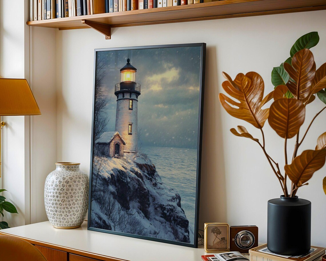 Coastal Lighthouse Winter Scene, Snowy Landscape - Image 2