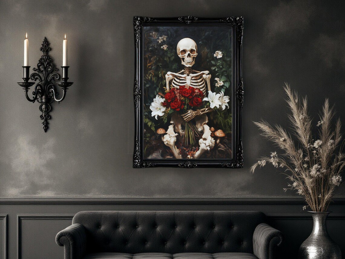 Gothic Skeleton With Flowers, Spooky Halloween Decor - Image 2