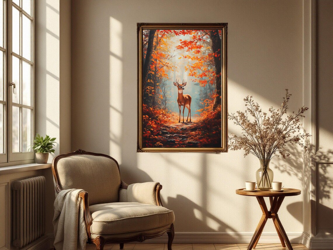 Autumn Forest Deer Art Print, Rustic Wildlife Decor - Image 2