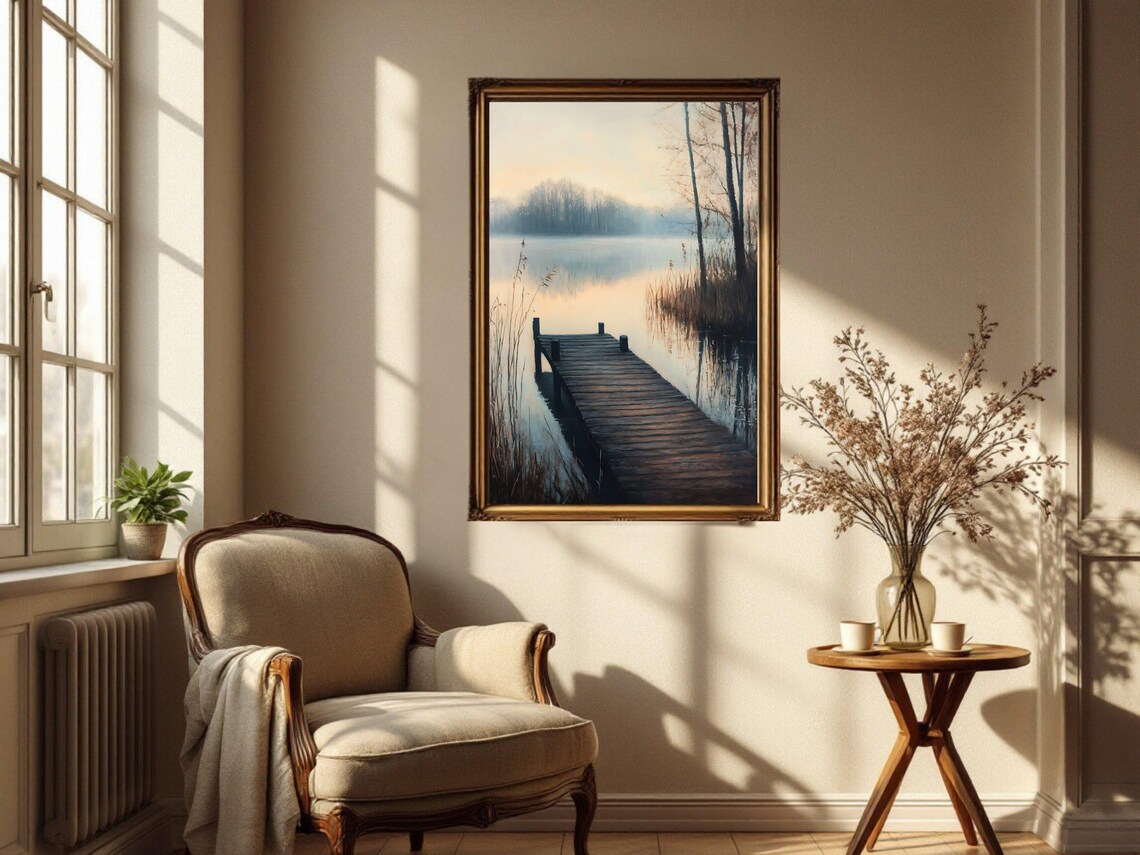 Serene Lakeside Dock, Tranquil Nature Landscape Art Print - Image 3