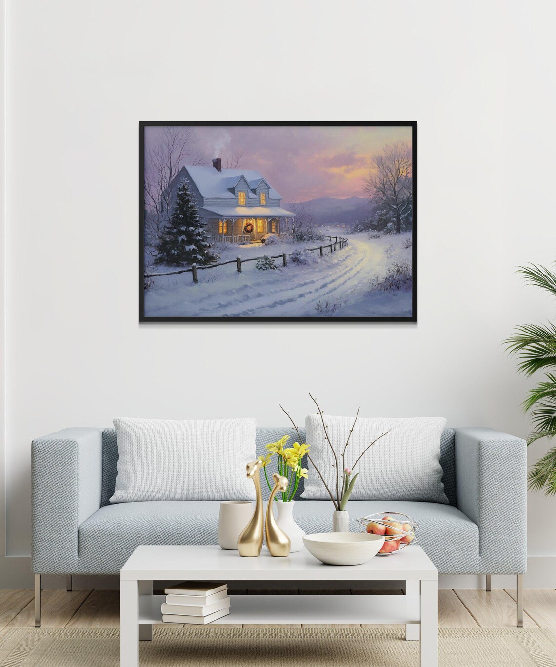 Cozy Winter Cottage, Snowy Evening Landscape Print - Image 3