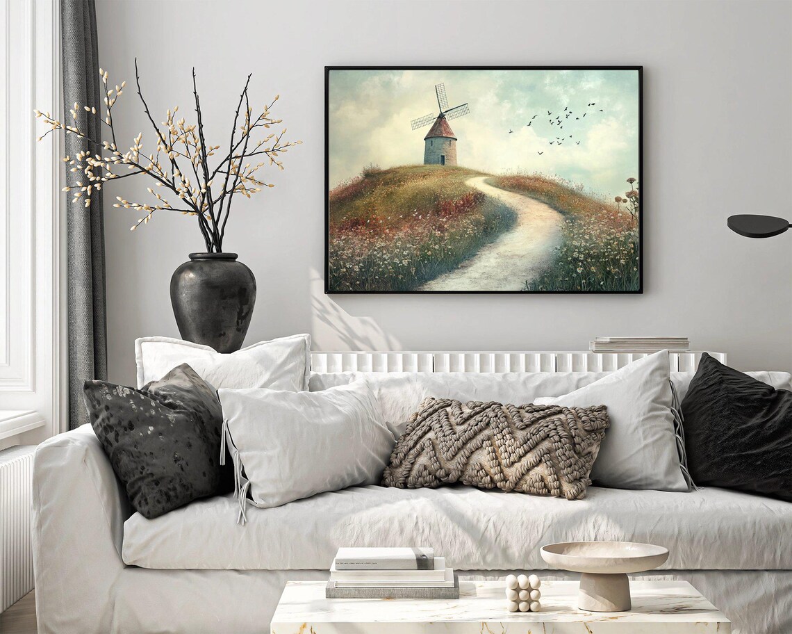Windmill In Field Art Print, Rustic Landscape - Image 3