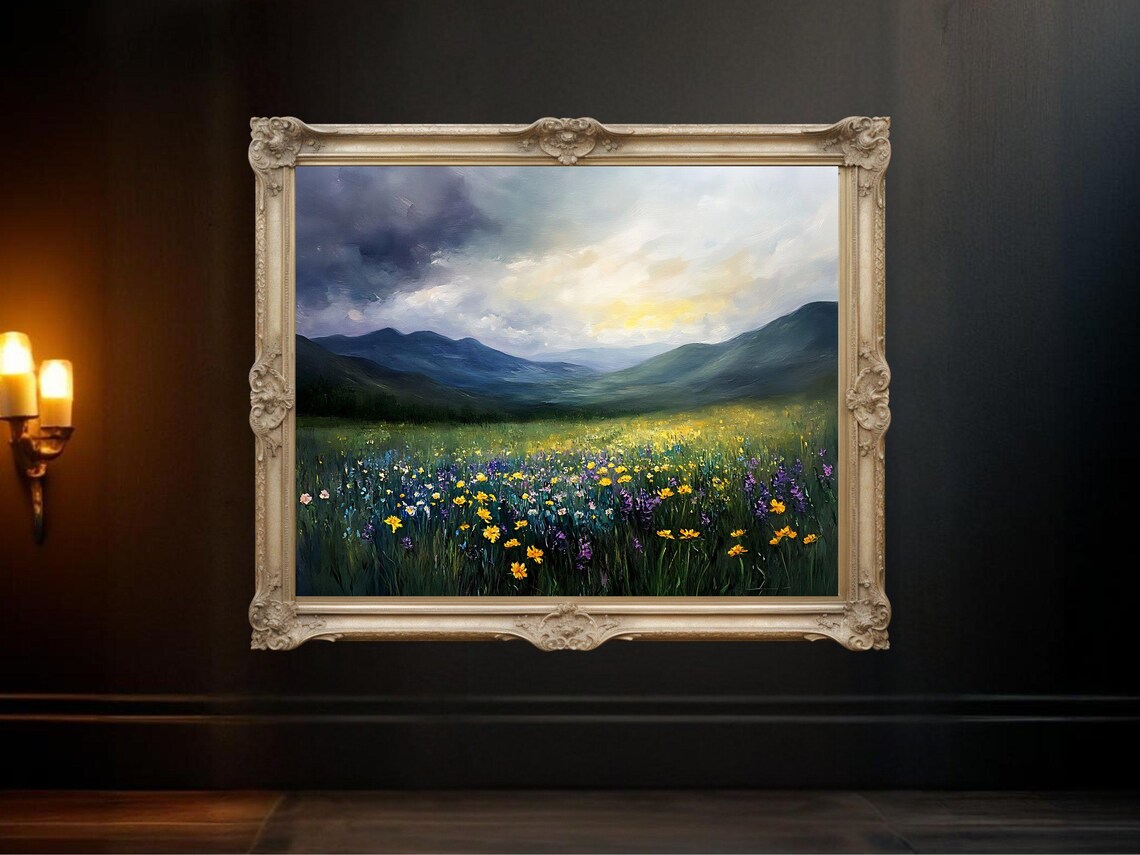 Mountain Meadow Sunrise Painting, Nature Scenery