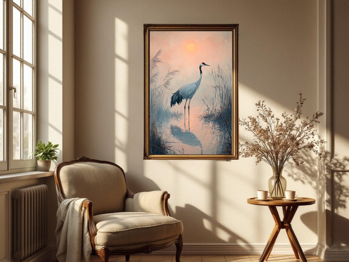 Crane Silhouette, Serene Sunset Nature Scene Print - Image 2