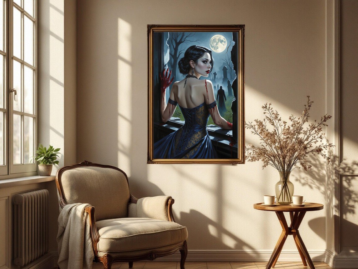 Gothic Vampire Lady Painting, Moonlit Night Cemetery - Image 2
