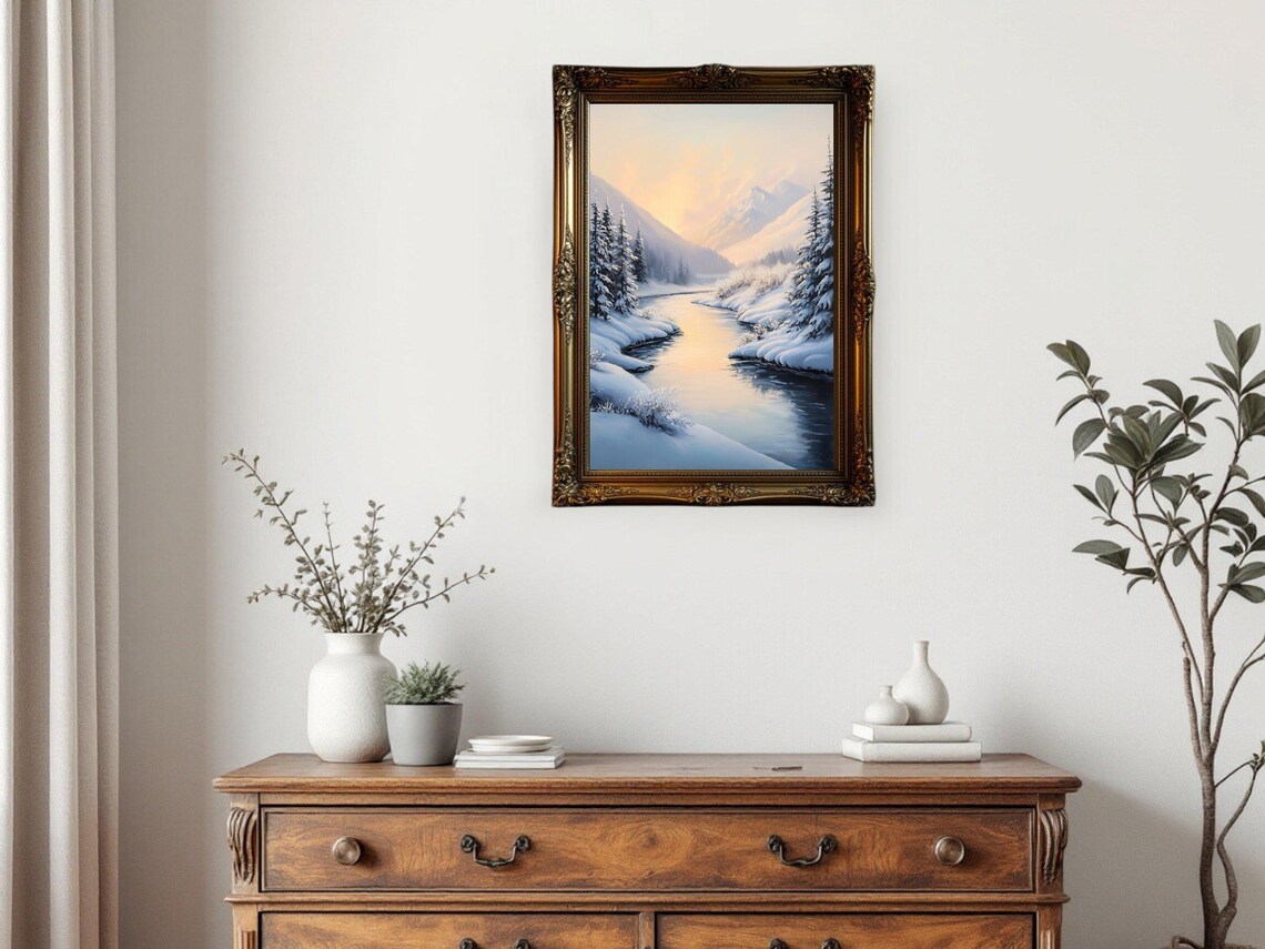 Winter Landscape, Snowy Mountain River Art Print - Image 2