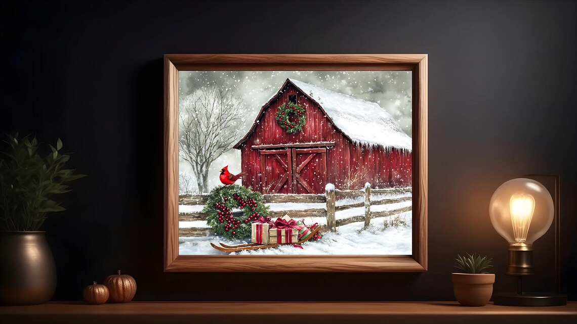 Winter Red Barn With Cardinal, Rustic Christmas Decor - Image 3