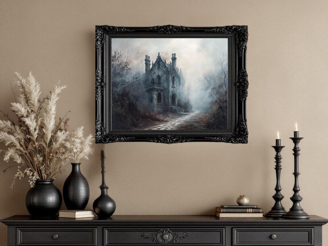 Haunted Gothic Mansion, Spooky Foggy Forest Scene - Image 3