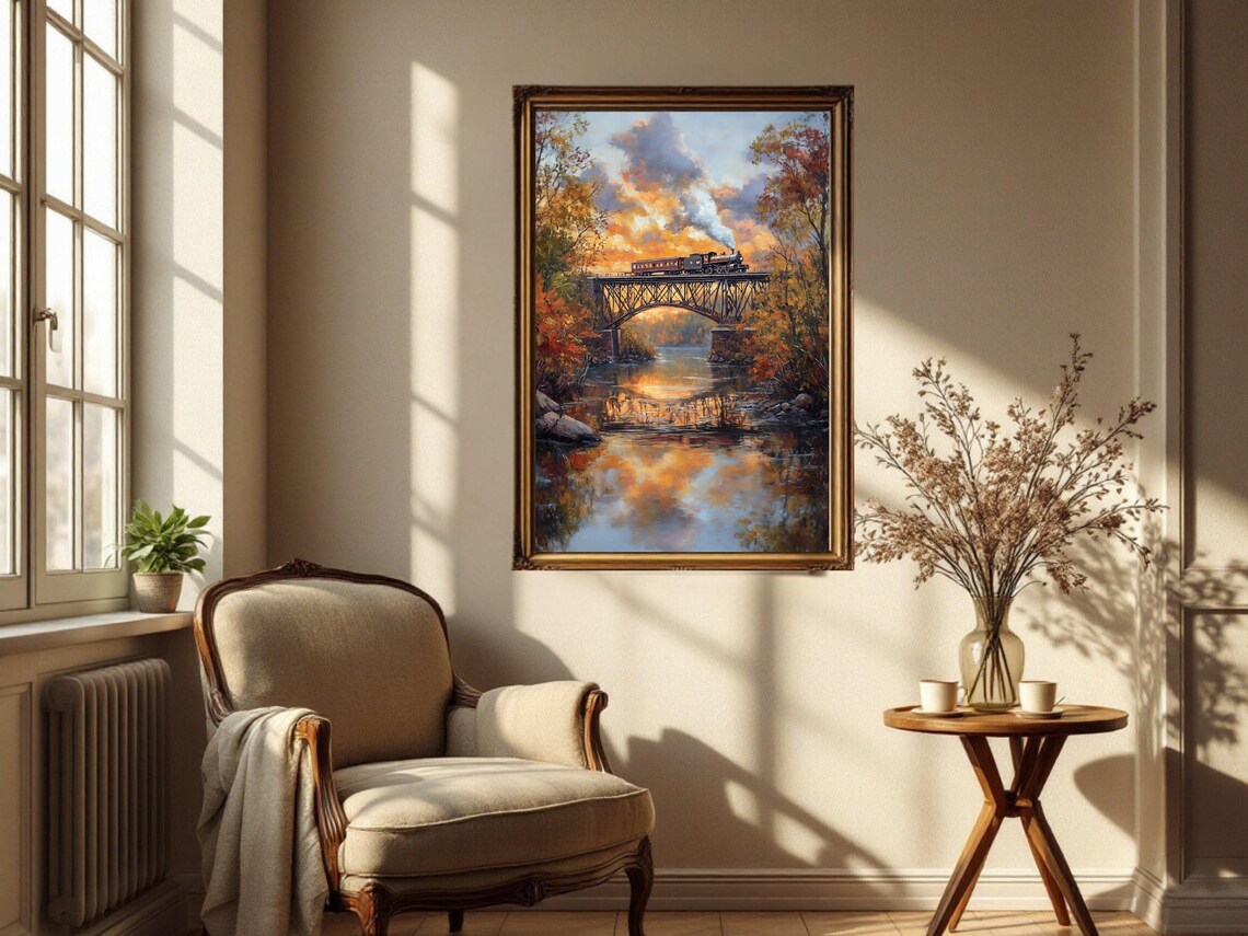 Vintage Train Art Print, Autumn Bridge Scenic Railway - Image 3