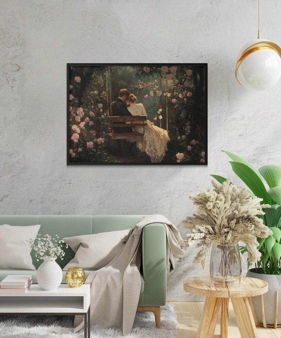 Romantic Couple Swinging In Enchanted Garden, Vintage Love Painting - Image 2